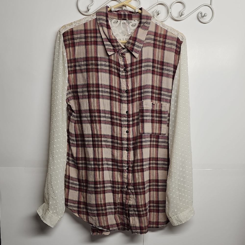Free People Lace & Plaid Red & Cream Lightweight 100% Cotton Sz L Top Comfy Cozy